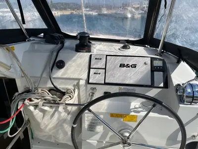 Cockpit of Lagoon 40, a catamaran at Lefkada, Greece