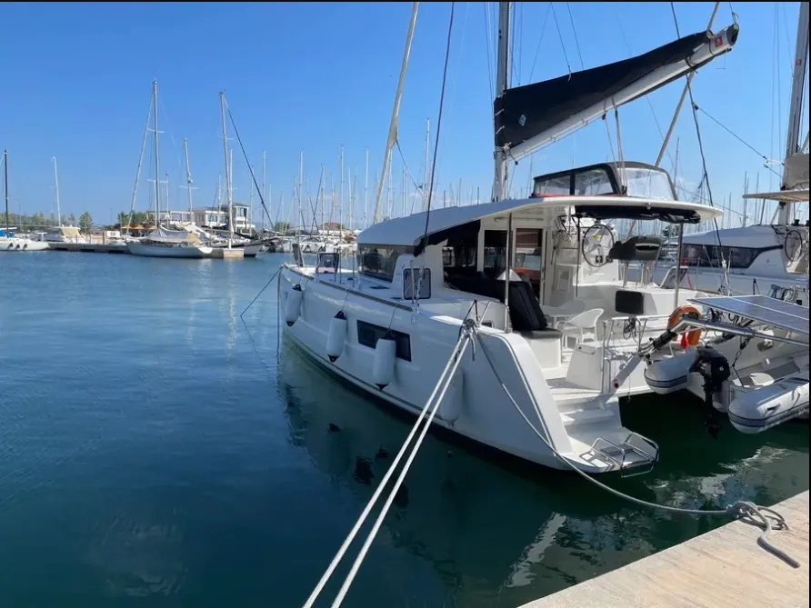 Exterior view of Lagoon 40, a catamaran at Lefkada, Greece