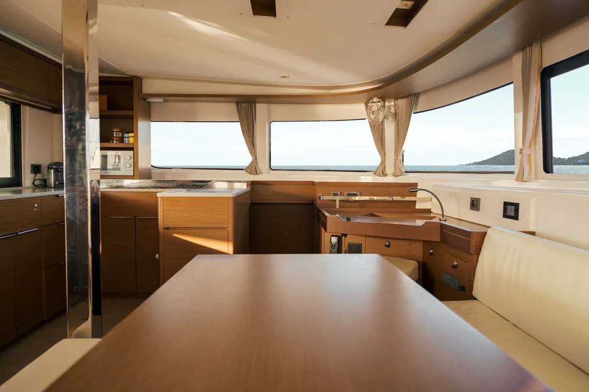 Salon of Sbronzo, a Lagoon 46 catamaran at Olbia, Italy