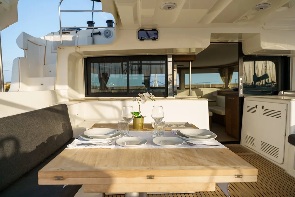 Deck of Sbronzo, a Lagoon 46 catamaran at Olbia, Italy