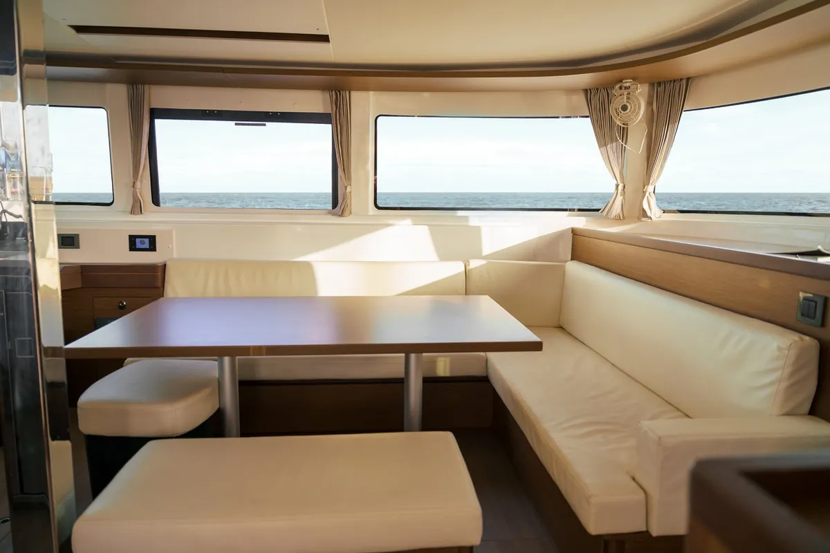 Salon of Sbronzo, a Lagoon 46 catamaran at Olbia, Italy