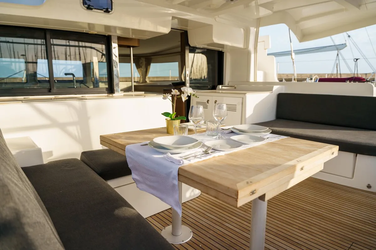 Deck of Sbronzo, a Lagoon 46 catamaran at Olbia, Italy
