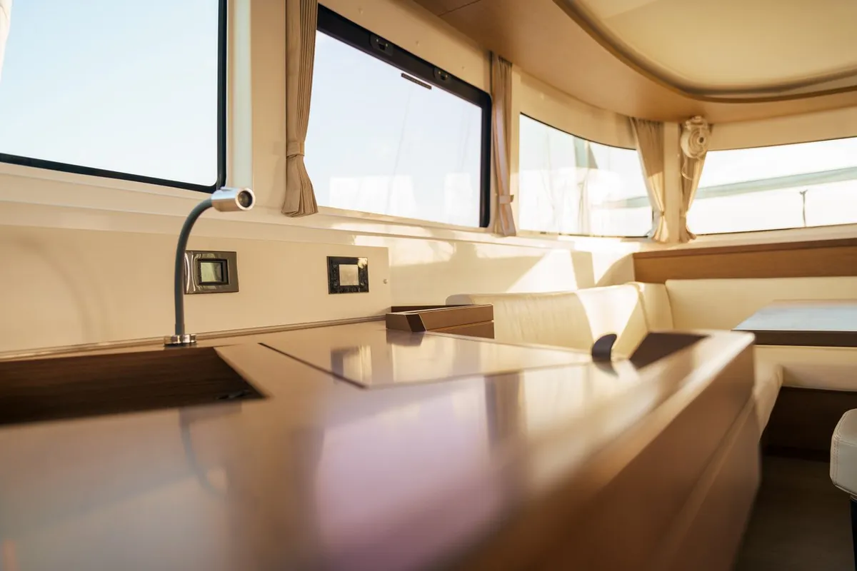 Salon of Sbronzo, a Lagoon 46 catamaran at Olbia, Italy