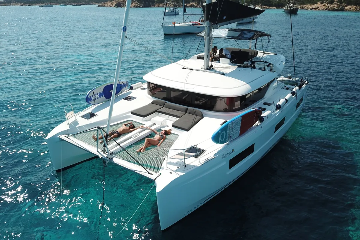 Cabin on Sbronzo, a Lagoon 46 catamaran at Olbia, Italy