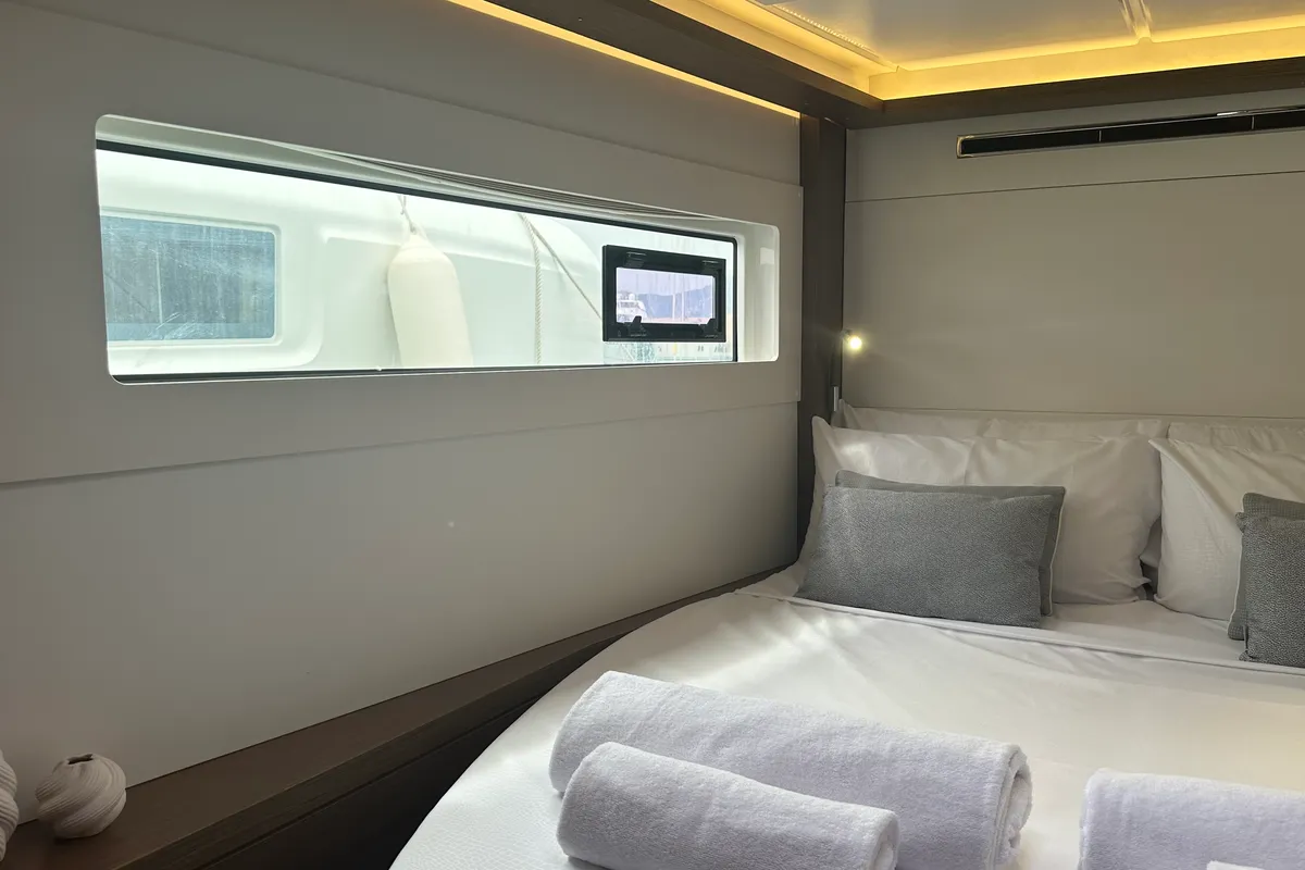 Cabin on Sbronzo, a Lagoon 46 catamaran at Olbia, Italy
