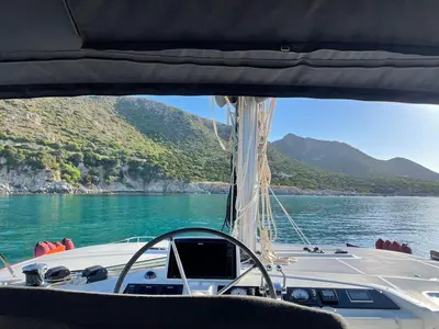 Deck of Sbronzo, a Lagoon 46 catamaran at Olbia, Italy