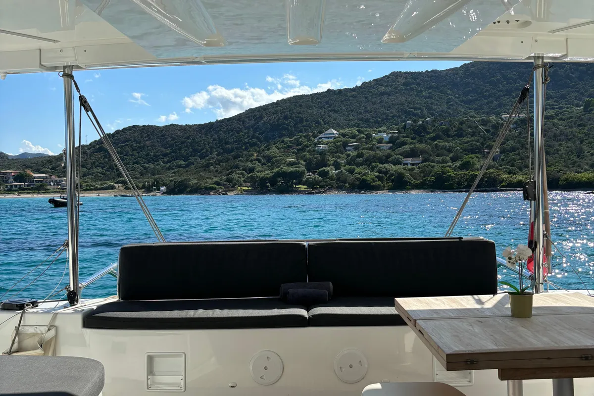 Deck of Sbronzo, a Lagoon 46 catamaran at Olbia, Italy