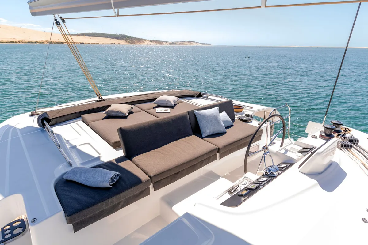 Salon of Sbronzo, a Lagoon 46 catamaran at Olbia, Italy