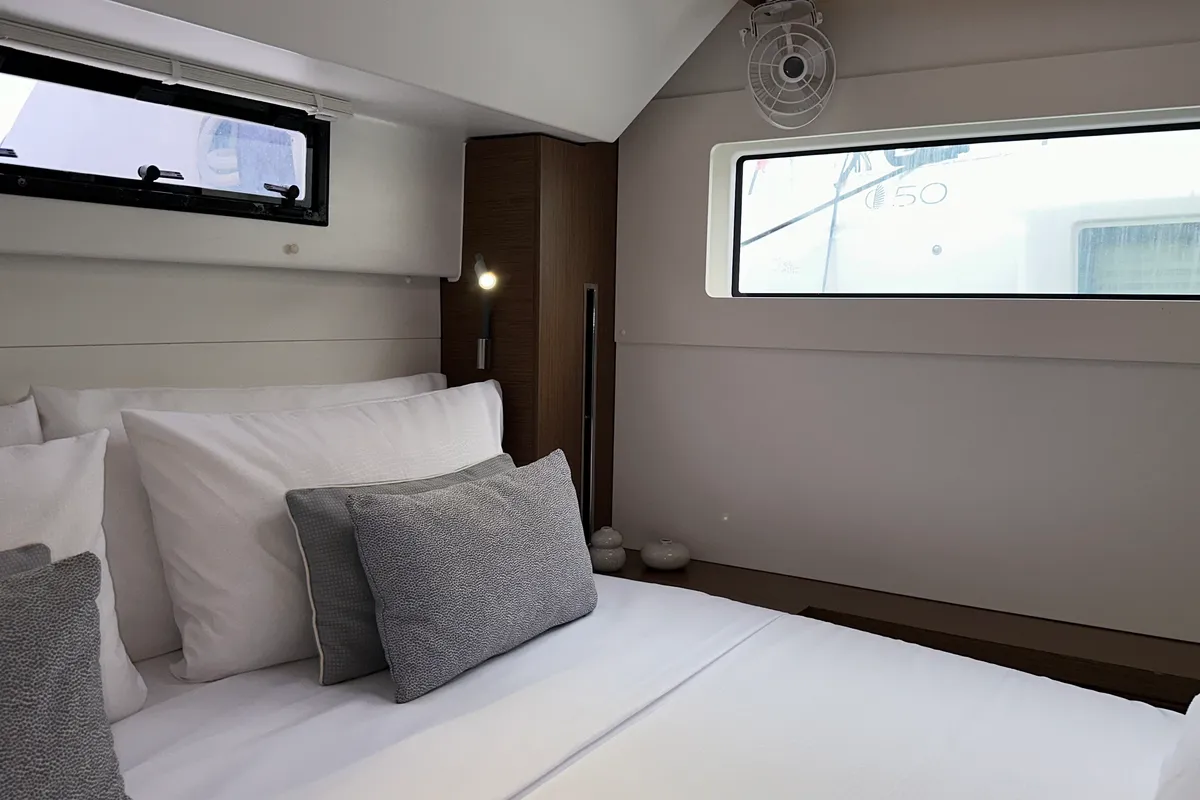 Cabin on Sbronzo, a Lagoon 46 catamaran at Olbia, Italy