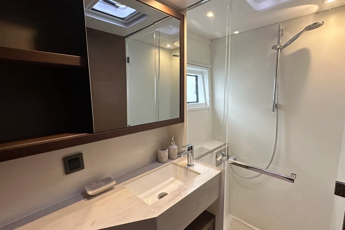 Salon of Sbronzo, a Lagoon 46 catamaran at Olbia, Italy
