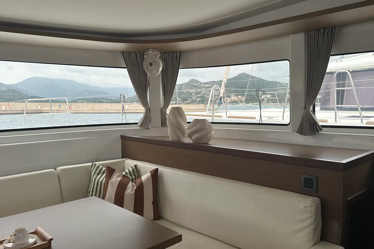Exterior view of Sbronzo, a Lagoon 46 catamaran at Olbia, Italy