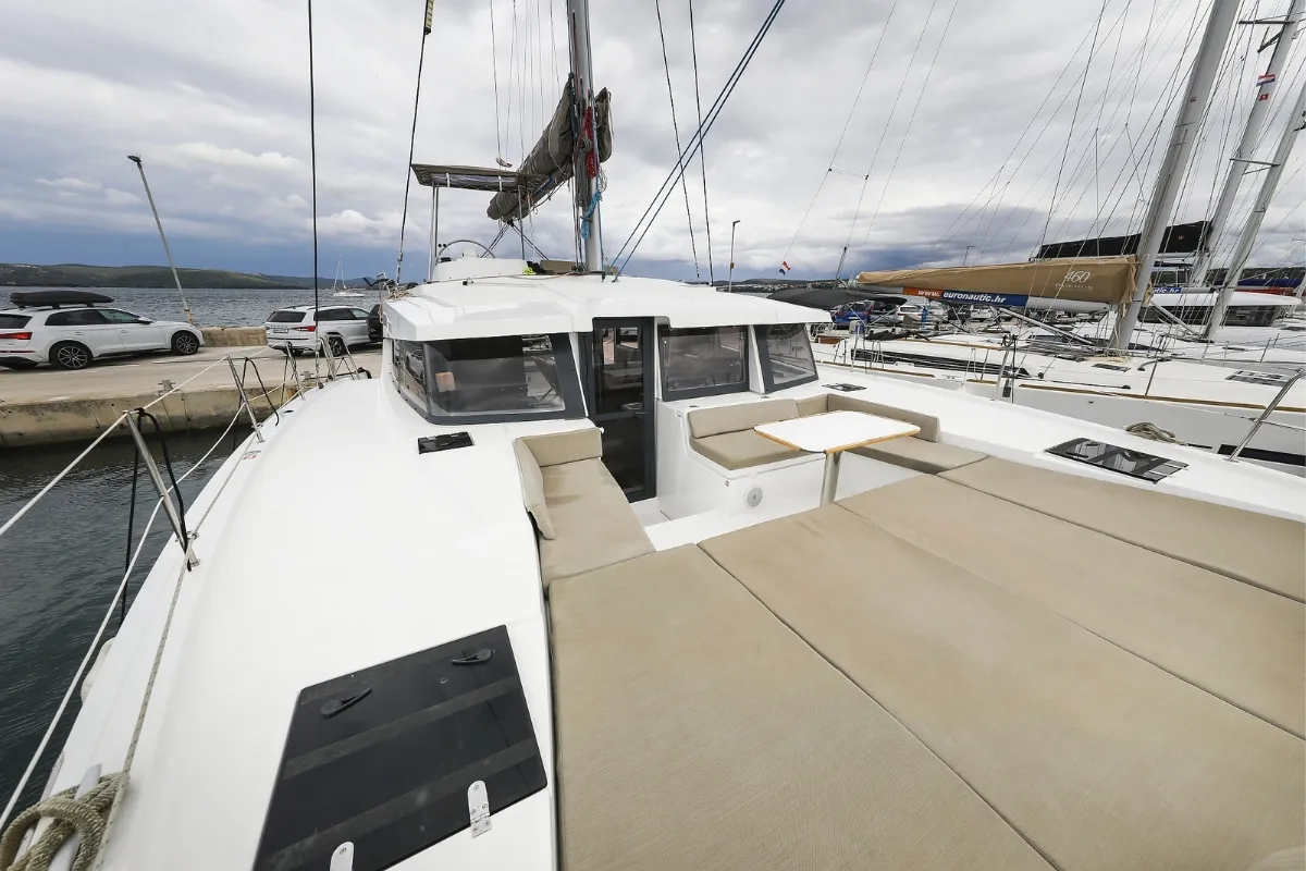 Deck of Holiday Inn, a Bali 4.2 catamaran at Grad Biograd na Moru, Croatia
