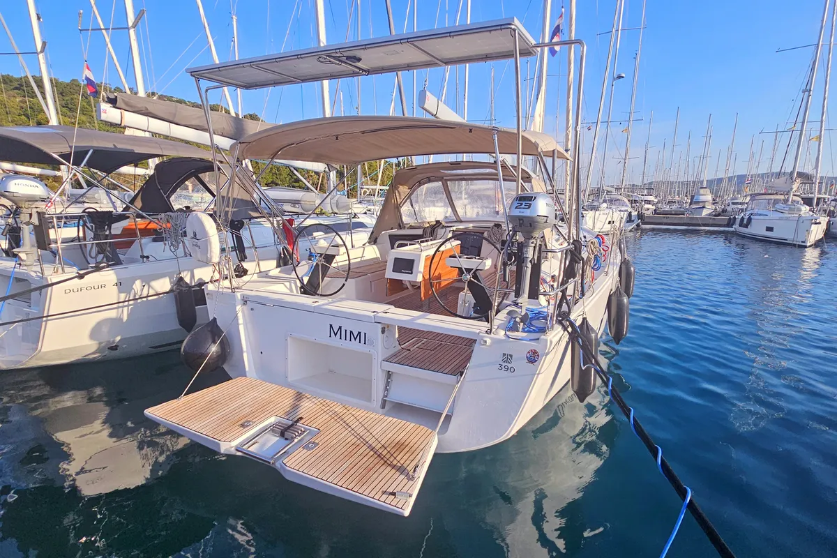 Exterior view of Mimi, a Dufour 390 GL sailboat at Rogoznica, Croatia
