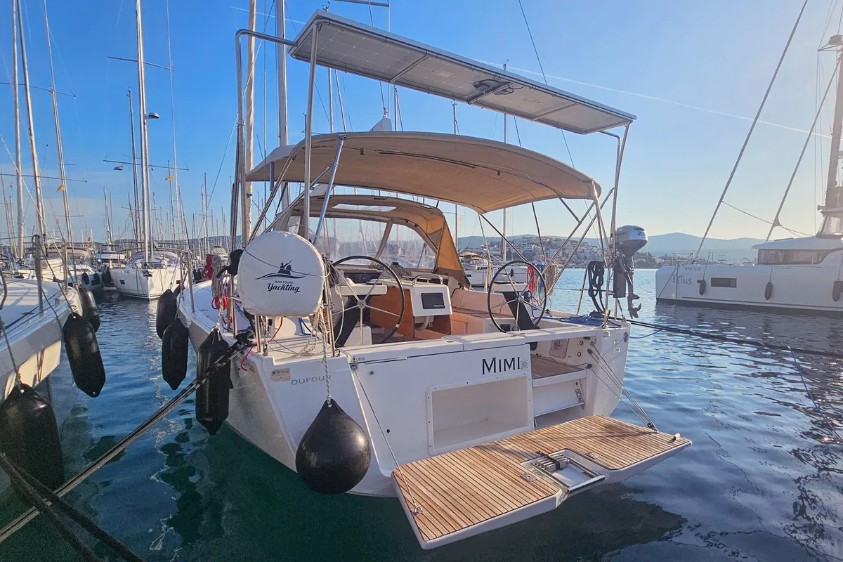 Exterior view of Mimi, a Dufour 390 GL sailboat at Rogoznica, Croatia