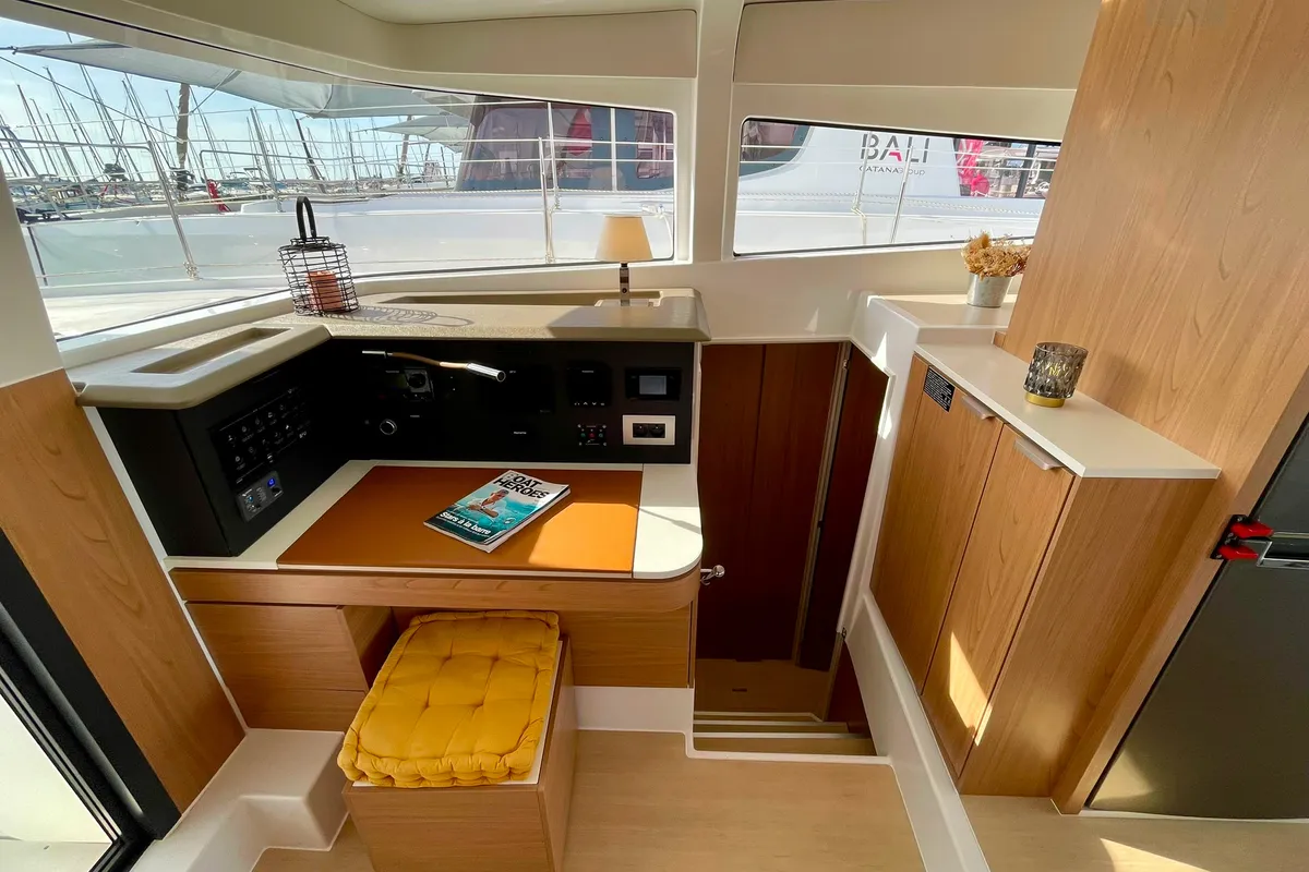 Cockpit of Zéphire II, a Bali 4.2 catamaran at Saint-Mandrier-sur-Mer, France