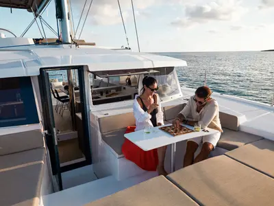 Deck of Zéphire II, a Bali 4.2 catamaran at Saint-Mandrier-sur-Mer, France