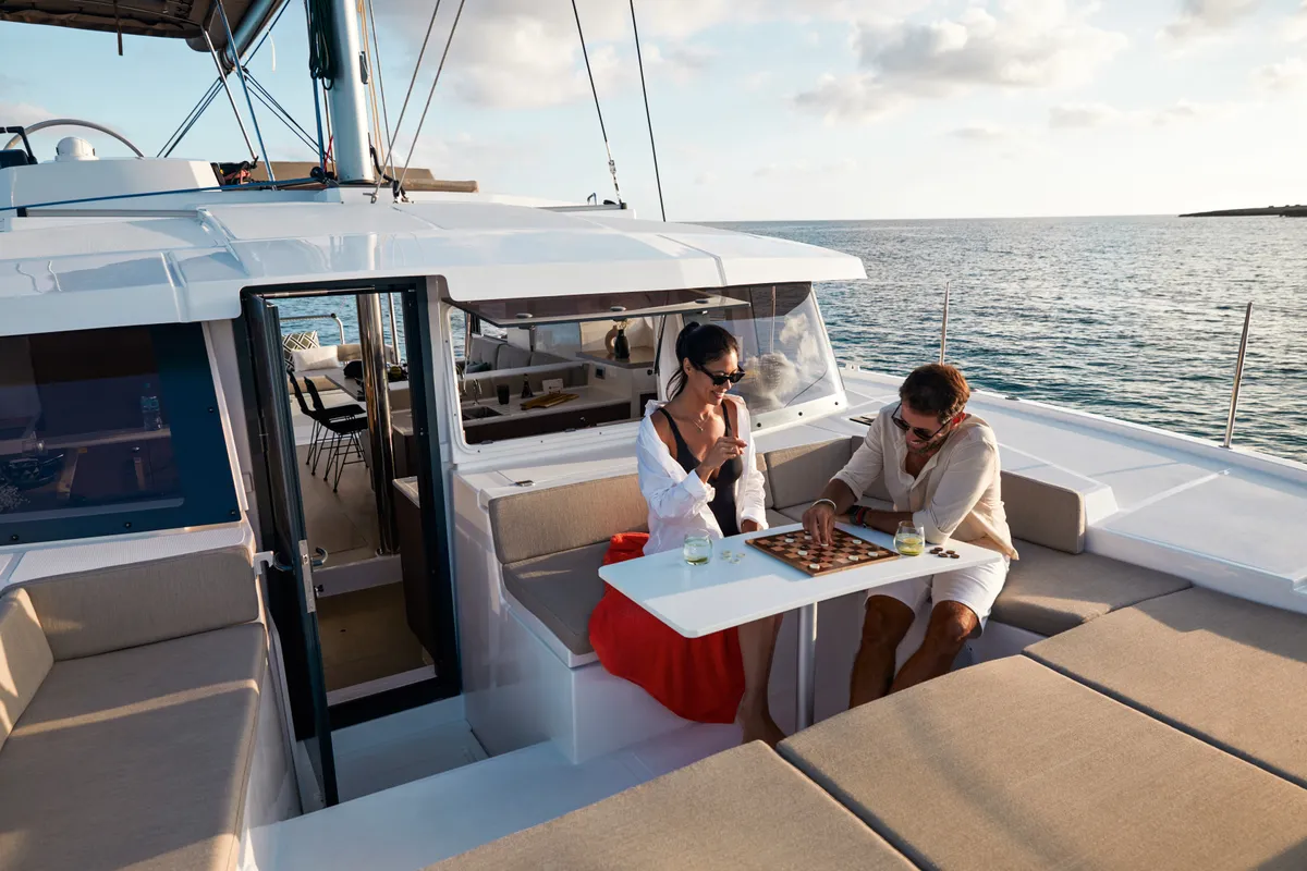 Deck of Zéphire II, a Bali 4.2 catamaran at Saint-Mandrier-sur-Mer, France