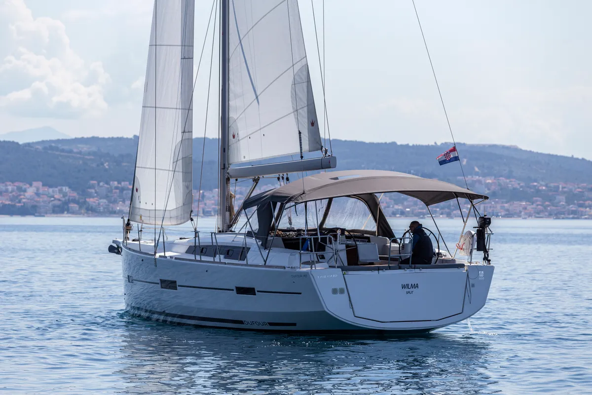 Exterior view of Wilma, a Dufour 460 Grand Large sailboat at Preveza, Greece
