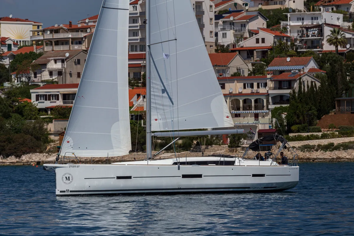 Exterior view of Wilma, a Dufour 460 Grand Large sailboat at Preveza, Greece