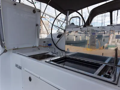 Cockpit of Wilma, a Dufour 460 Grand Large sailboat at Preveza, Greece