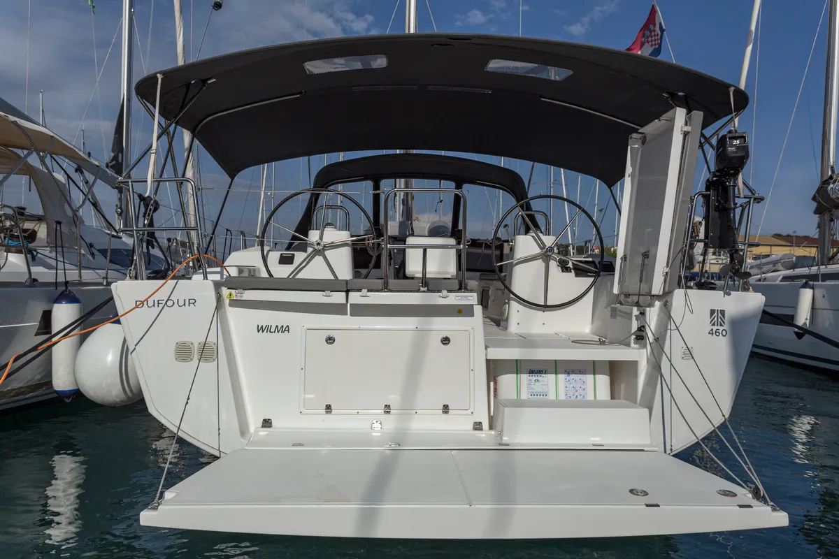 Exterior view of Wilma, a Dufour 460 Grand Large sailboat at Preveza, Greece