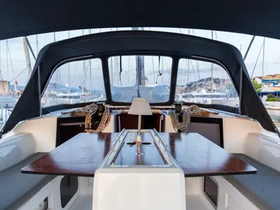 Deck of Wilma, a Dufour 460 Grand Large sailboat at Preveza, Greece