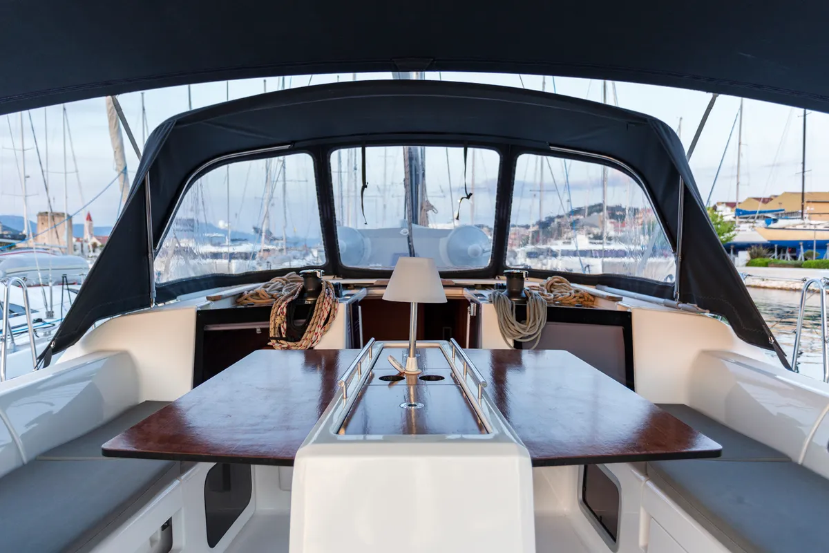 Deck of Wilma, a Dufour 460 Grand Large sailboat at Preveza, Greece