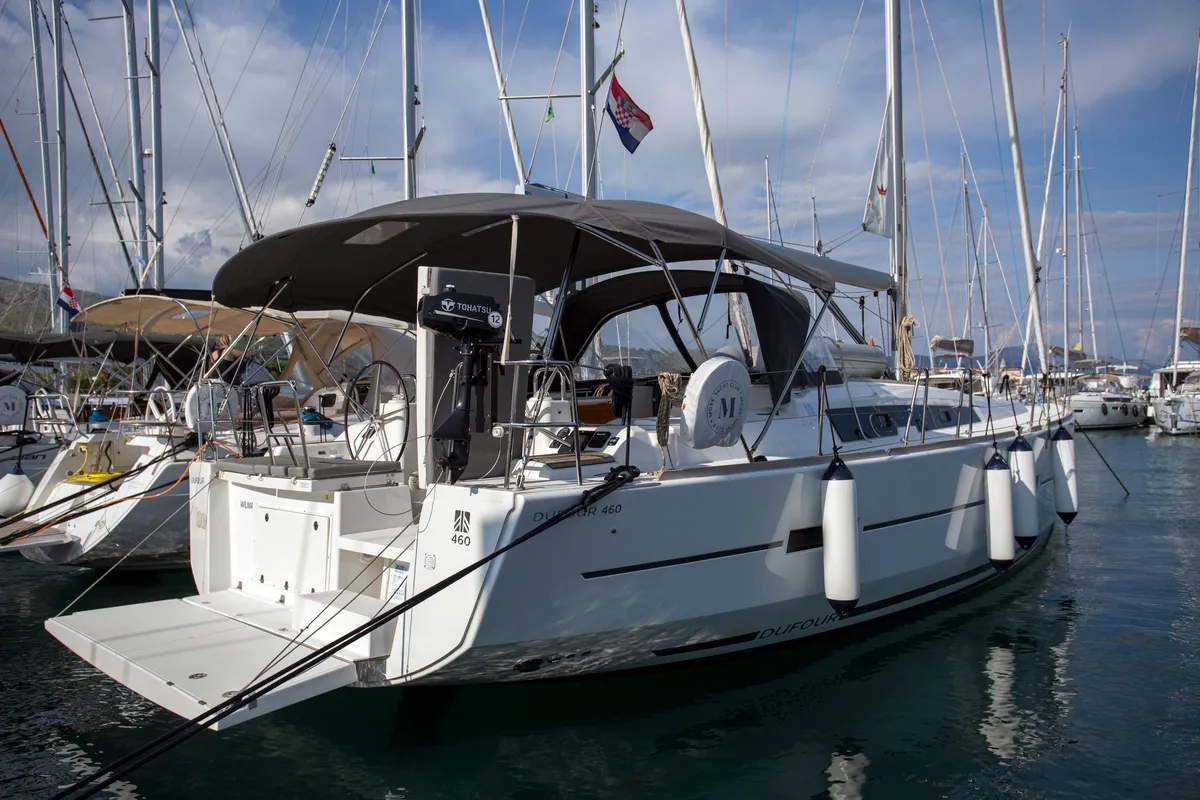Exterior view of Wilma, a Dufour 460 Grand Large sailboat at Preveza, Greece