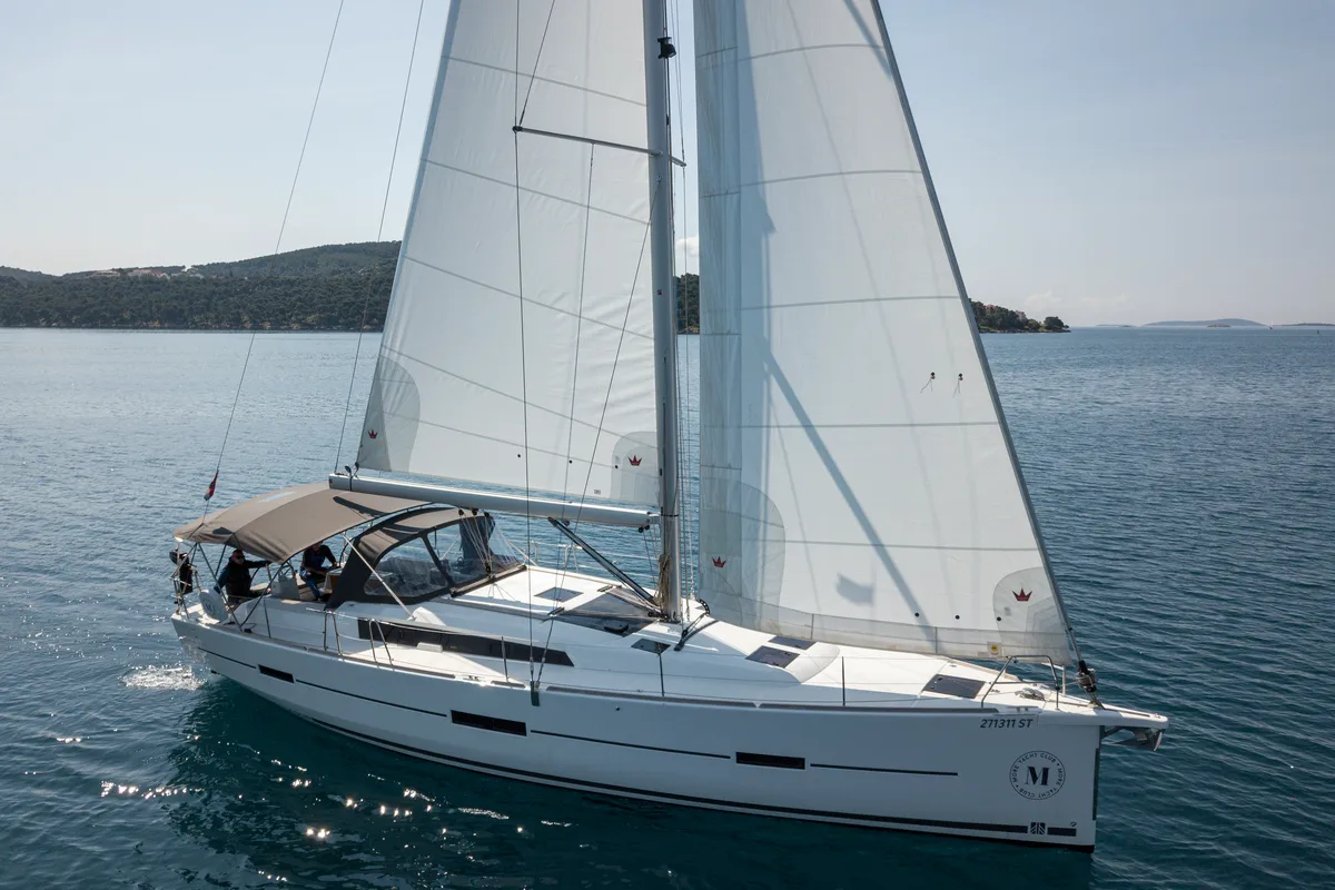 Exterior view of Wilma, a Dufour 460 Grand Large sailboat at Preveza, Greece