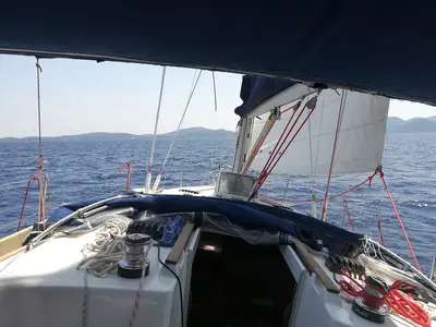 Deck of ALKI, a Jeanneau Sun Odyssey 37 sailboat at Municipal Unit of Lefkada, Greece