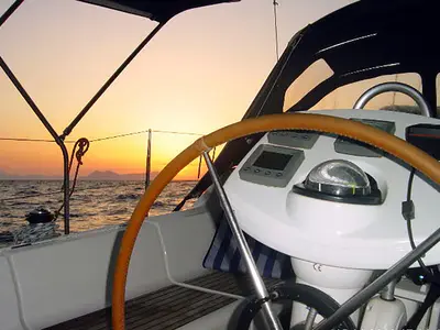 Cockpit of ALKI, a Jeanneau Sun Odyssey 37 sailboat at Municipal Unit of Lefkada, Greece