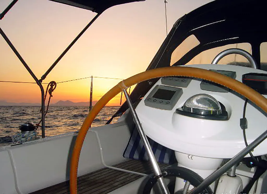 Cockpit of ALKI, a Jeanneau Sun Odyssey 37 sailboat at Municipal Unit of Lefkada, Greece