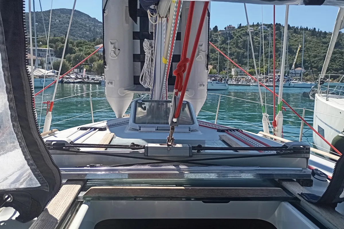 Deck of ALKI, a Jeanneau Sun Odyssey 37 sailboat at Municipal Unit of Lefkada, Greece