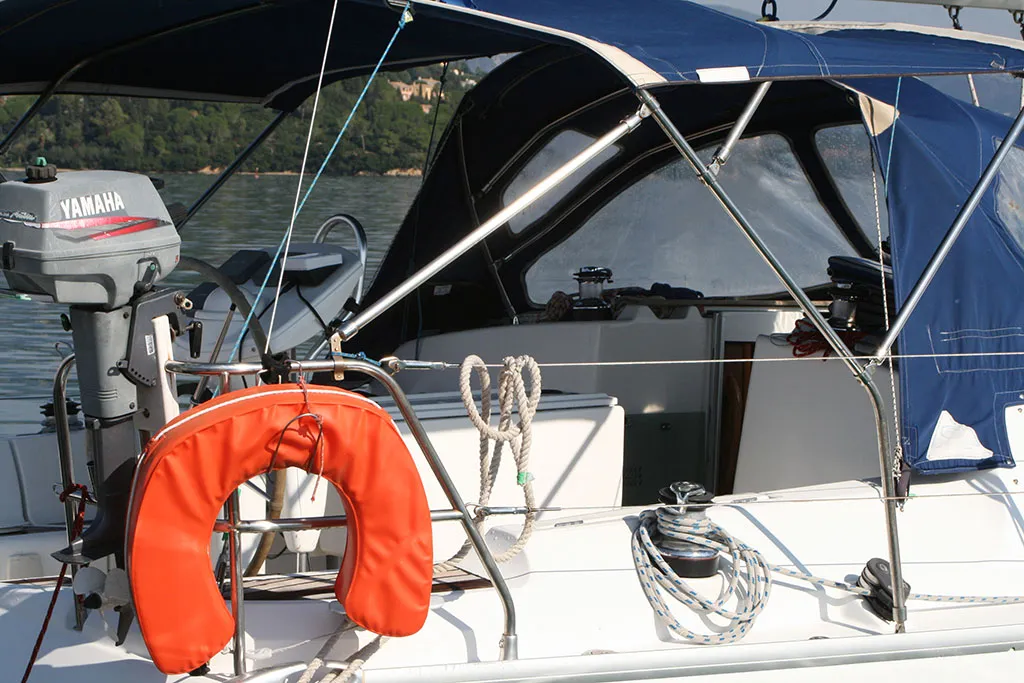 Deck of ALKI, a Jeanneau Sun Odyssey 37 sailboat at Municipal Unit of Lefkada, Greece