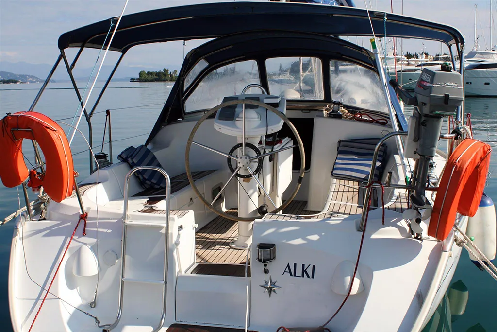 Cockpit of ALKI, a Jeanneau Sun Odyssey 37 sailboat at Municipal Unit of Lefkada, Greece