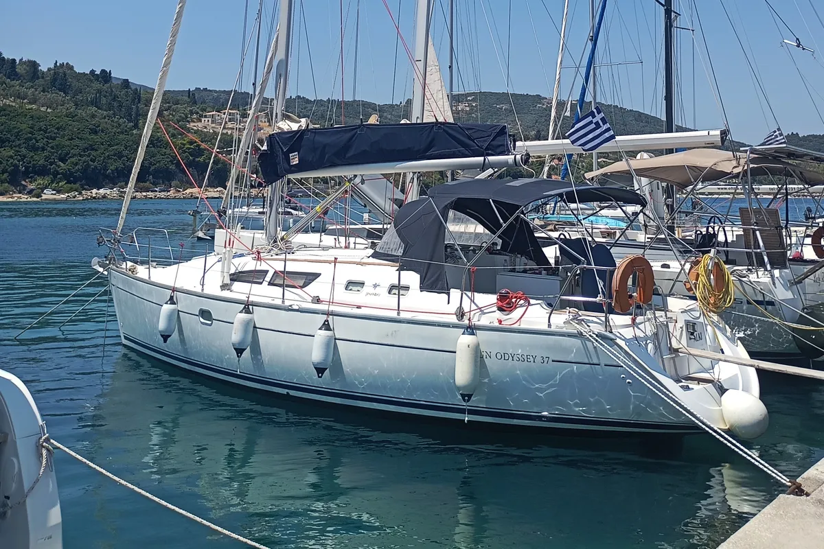 Exterior view of ALKI, a Jeanneau Sun Odyssey 37 sailboat at Municipal Unit of Lefkada, Greece