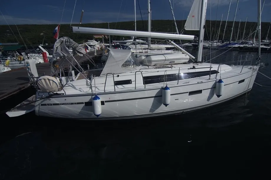 Exterior view of Jugo, a Bavaria Cruiser 37 sailboat at Punat, Croatia
