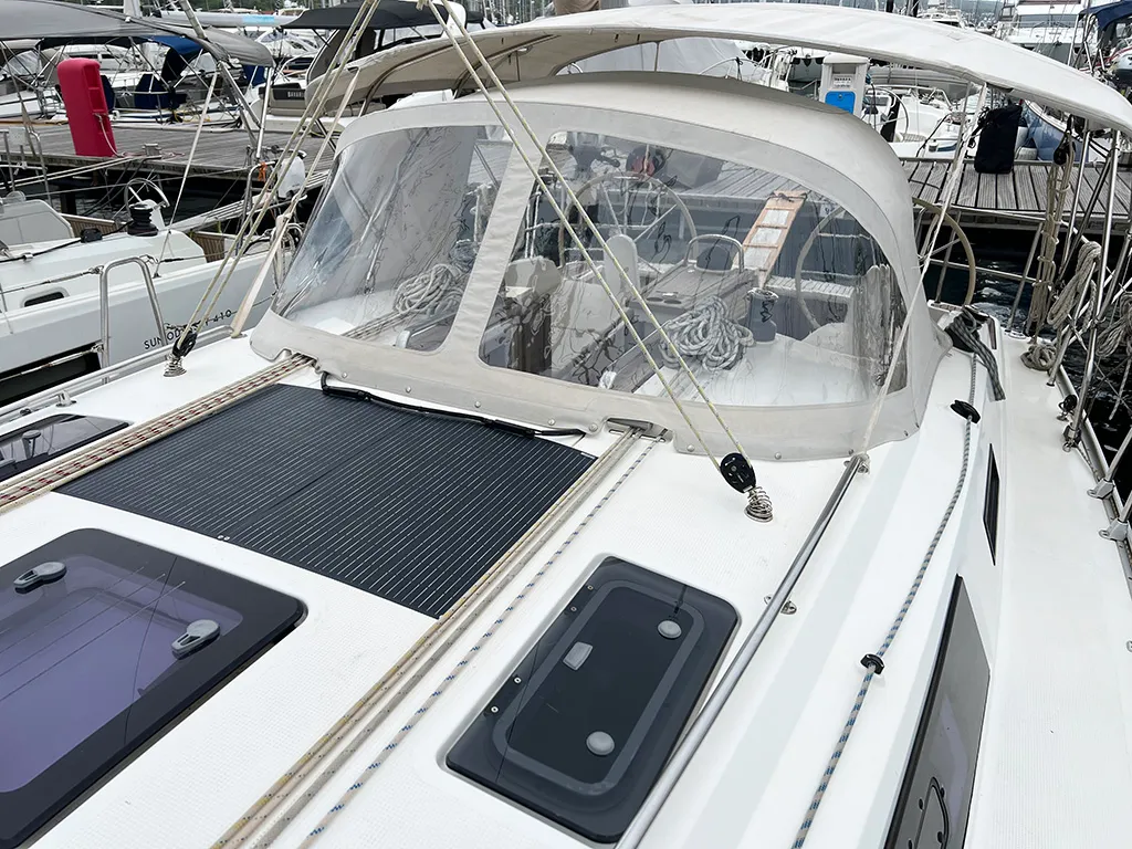 Deck of Jugo, a Bavaria Cruiser 37 sailboat at Punat, Croatia