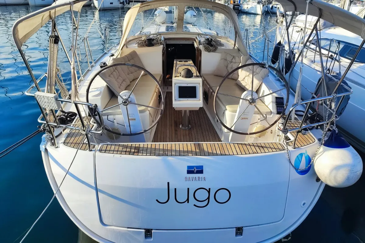 Exterior view of Jugo, a Bavaria Cruiser 37 sailboat at Punat, Croatia