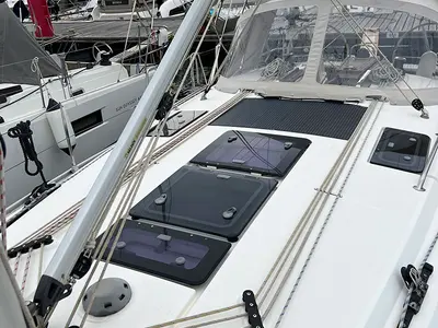 Deck of Jugo, a Bavaria Cruiser 37 sailboat at Punat, Croatia