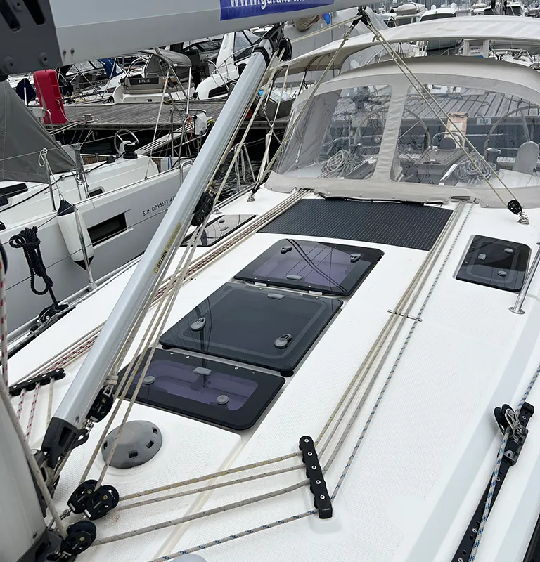 Deck of Jugo, a Bavaria Cruiser 37 sailboat at Punat, Croatia