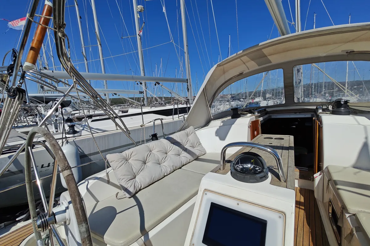 Cockpit of Jugo, a Bavaria Cruiser 37 sailboat at Punat, Croatia