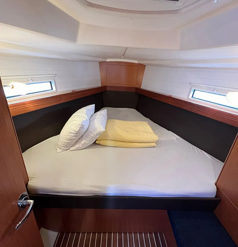 Cabin on Jugo, a Bavaria Cruiser 37 sailboat at Punat, Croatia