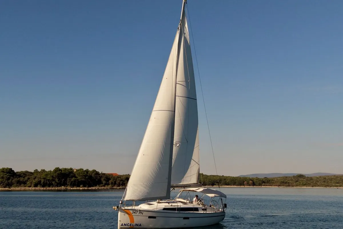 Exterior view of Jugo, a Bavaria Cruiser 37 sailboat at Punat, Croatia