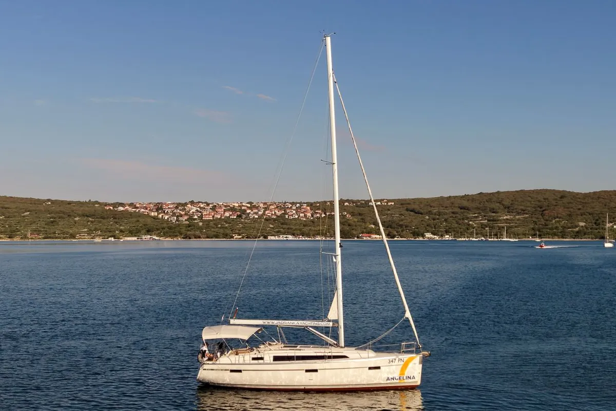 Exterior view of Jugo, a Bavaria Cruiser 37 sailboat at Punat, Croatia