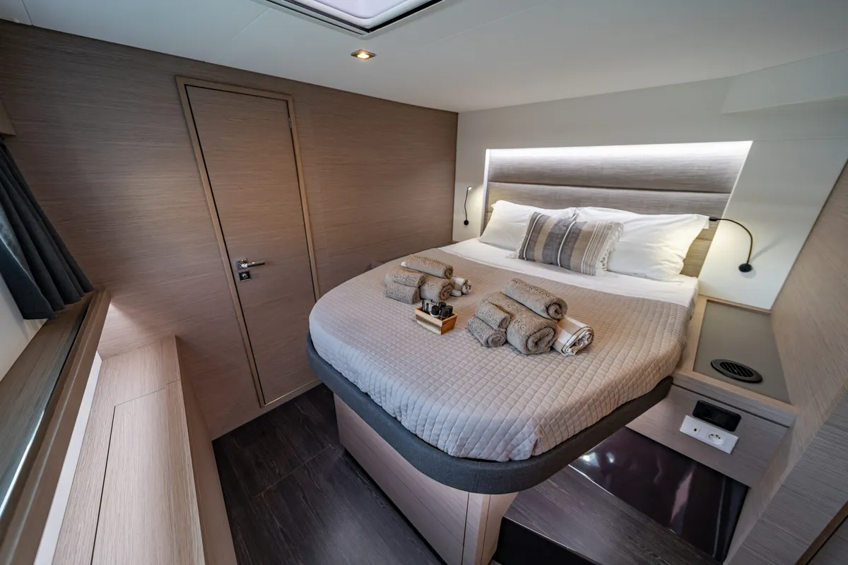 Cabin on EQUINOX, a Fountaine Pajot Tanna 47 catamaran at Lefkada, Greece