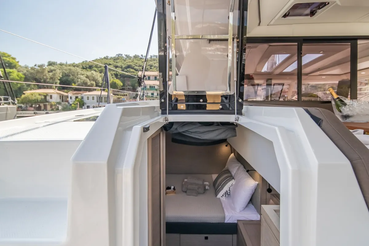 Cabin on EQUINOX, a Fountaine Pajot Tanna 47 catamaran at Lefkada, Greece