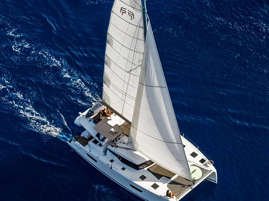 Exterior view of EQUINOX, a Fountaine Pajot Tanna 47 catamaran at Lefkada, Greece