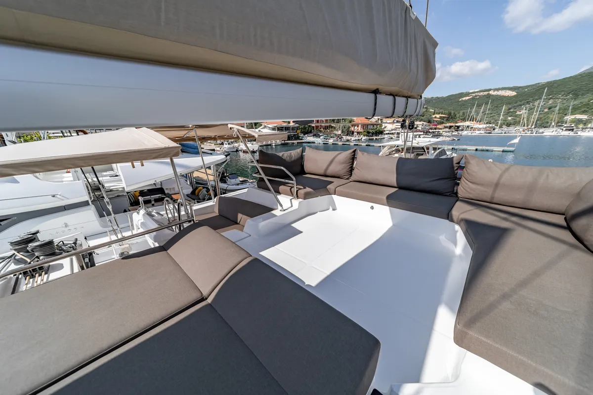 Deck of EQUINOX, a Fountaine Pajot Tanna 47 catamaran at Lefkada, Greece