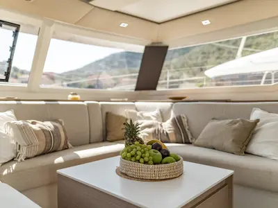 Salon of EQUINOX, a Fountaine Pajot Tanna 47 catamaran at Lefkada, Greece